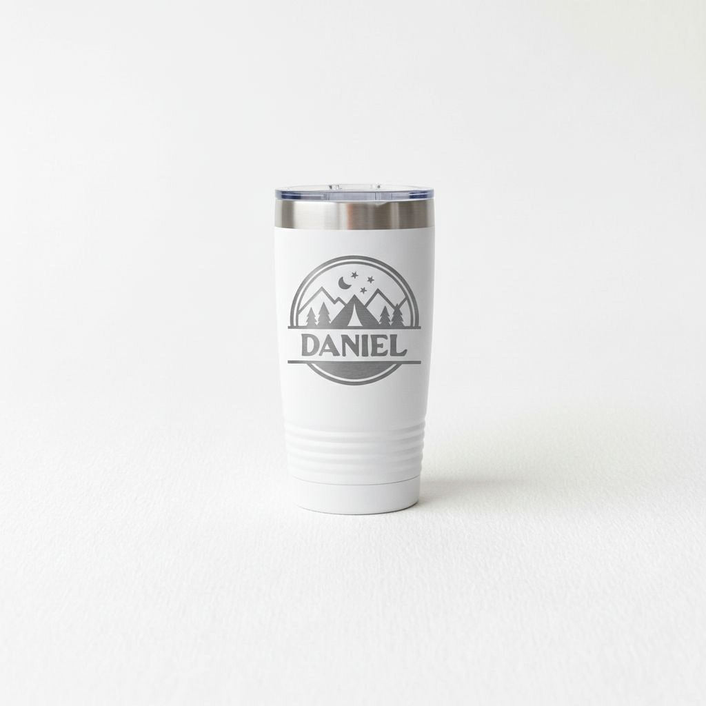 Personalized Camping Tumbler – Insulated Travel Mug with Mountain Stars Design