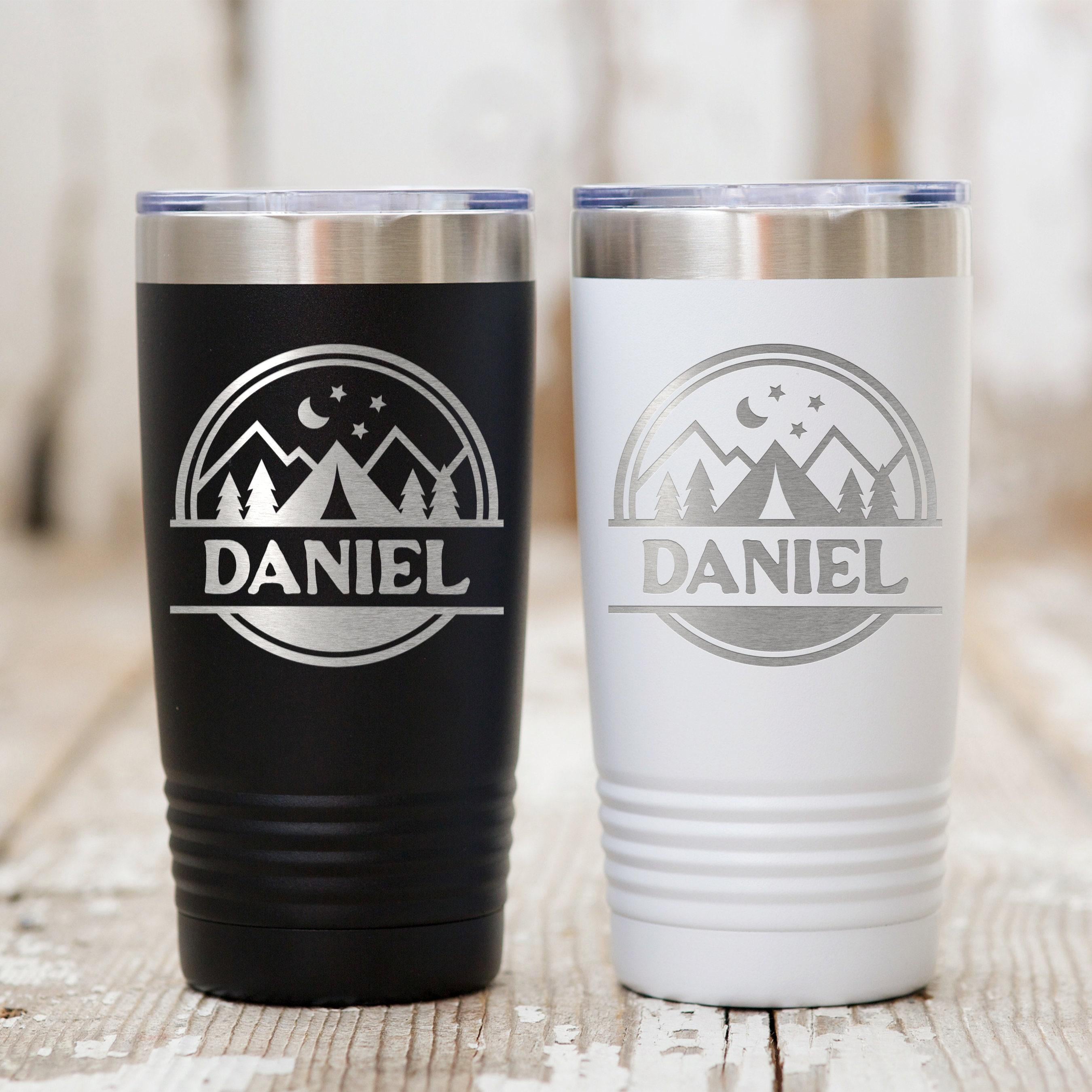 Personalized Camping Tumbler – Insulated Travel Mug with Mountain Stars Design