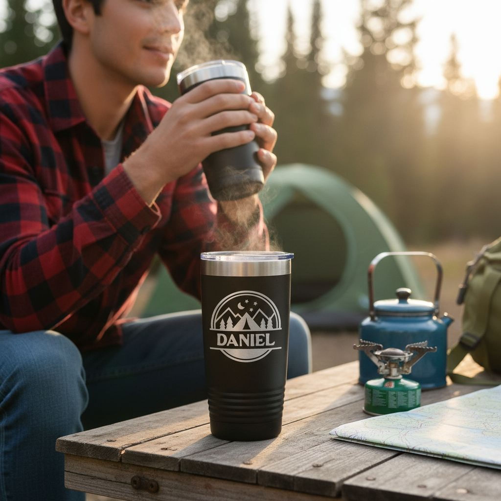 Personalized Camping Tumbler – Insulated Travel Mug with Mountain Stars Design