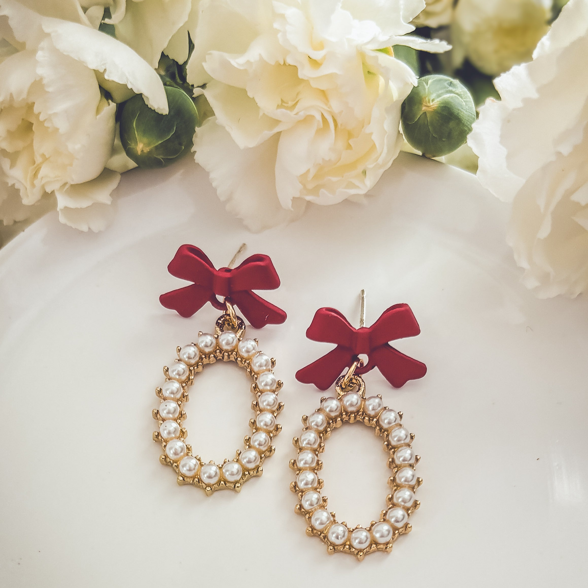 Beautiful Red Bow and Pearl Earrings