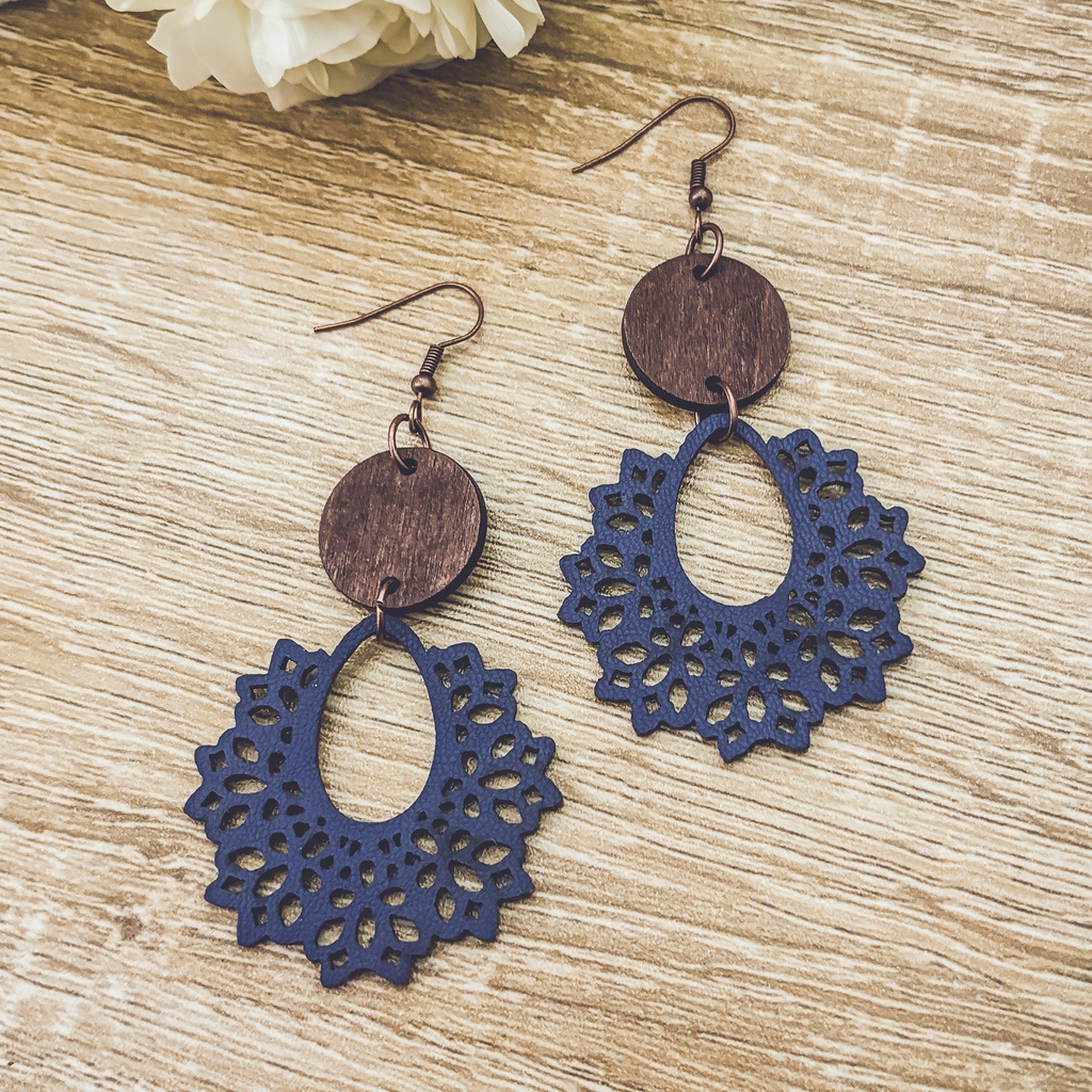 Beautiful Blue Wood and Leather  Earrings