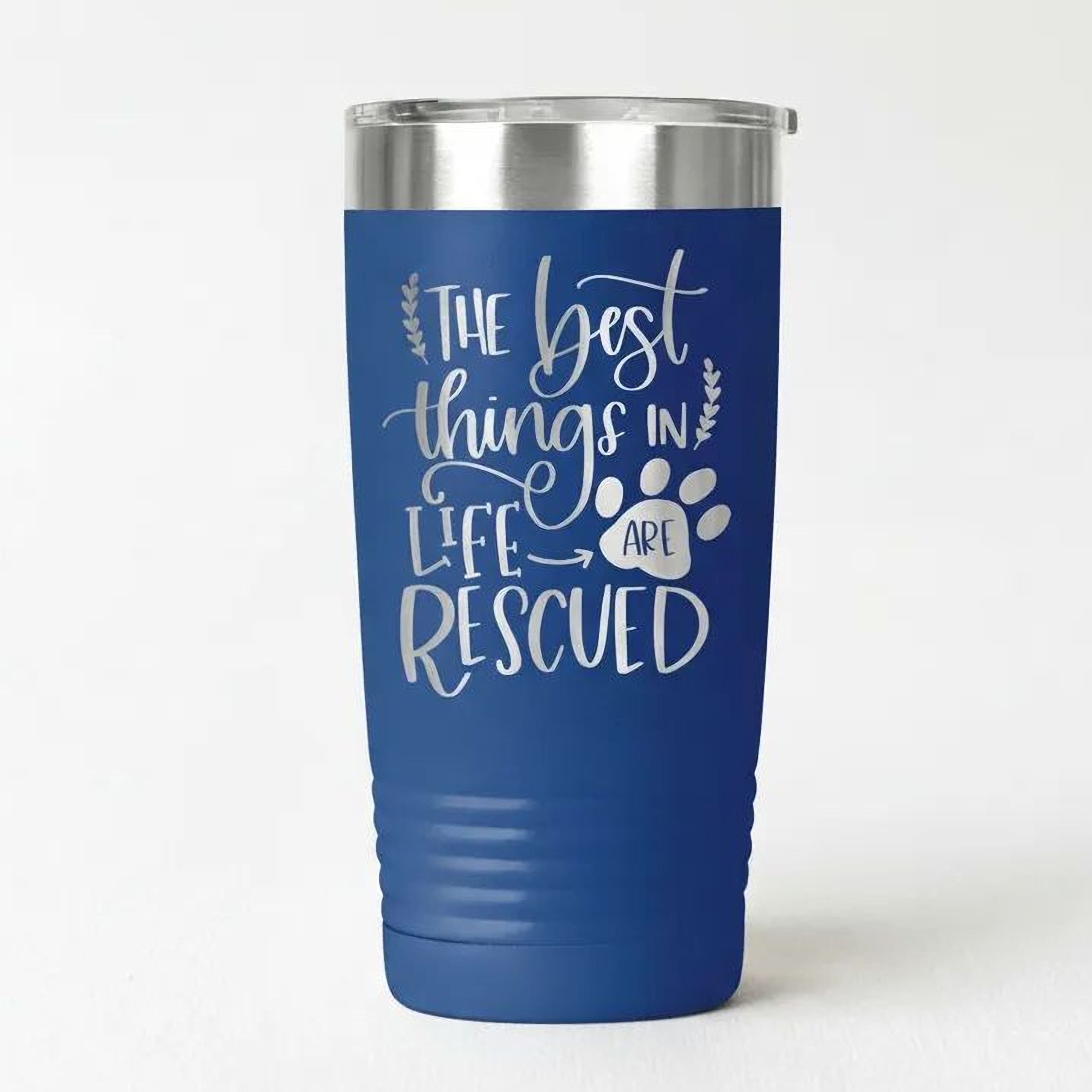 Dog Rescue Tumbler 20 oz Insulated Travel Mug, Pet Lover Gift, White Stainless Steel, Keeps Hot and Cold Drinks, Paw Print Design