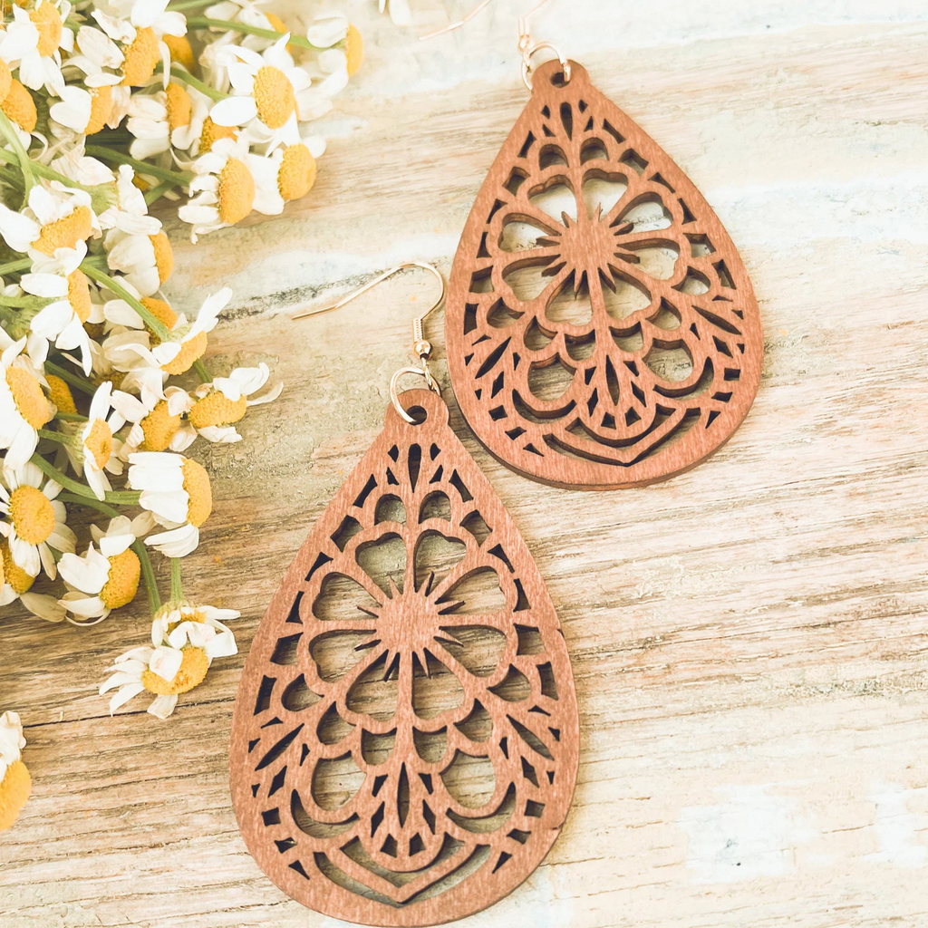 Beautiful Laser Cut Wood Floral Earrings