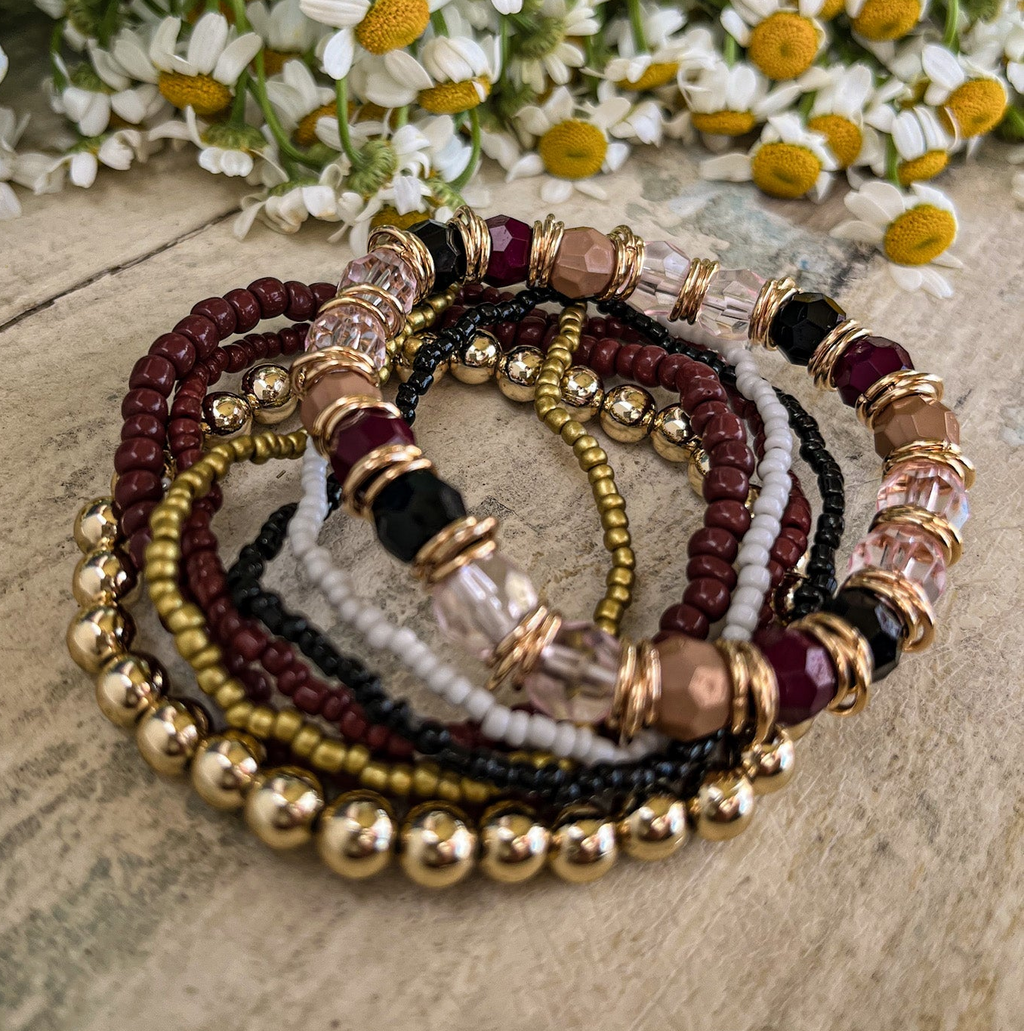 Beautiful Gold and Burgundy Stacking Bracelet Set