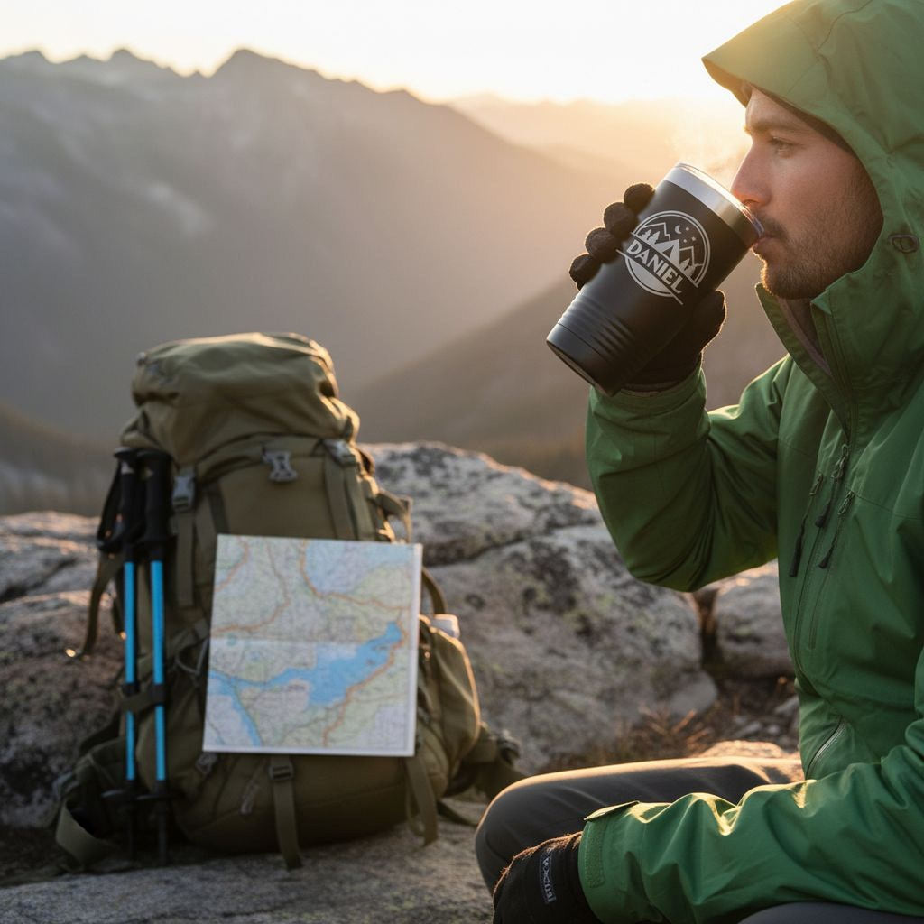Personalized Camping Tumbler – Insulated Travel Mug with Mountain Stars Design
