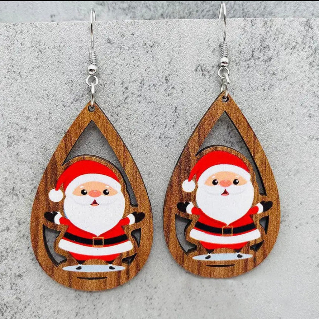 Adorable Wooden Santa Earrings