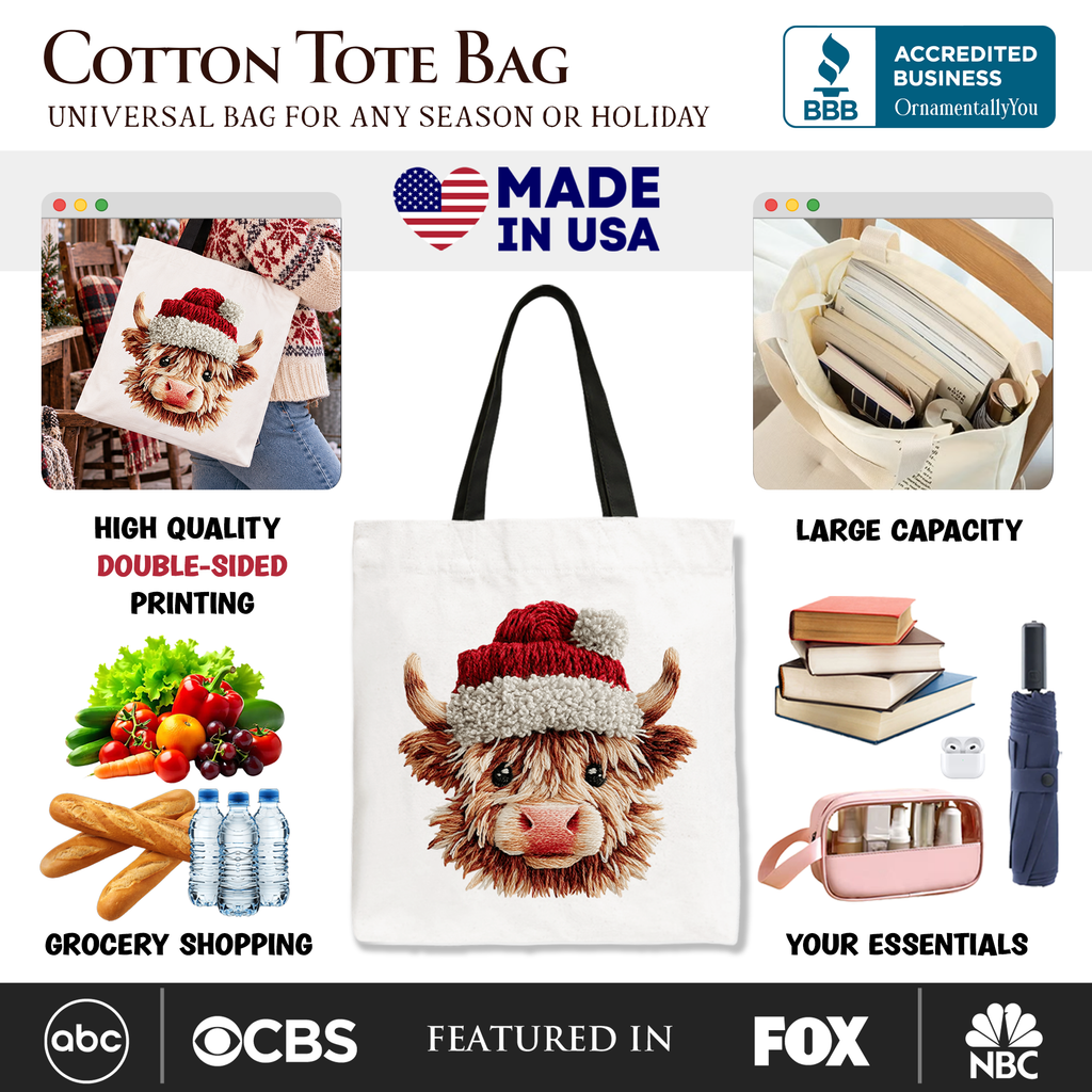 Highland Cow Santa Hat Christmas Tote Bag, Imitation Latch Hook Yarn Cozy Gift Shopper