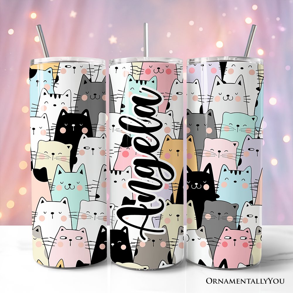Cute Cats 20oz Personalized Tumbler With Lid and Stainless Steel Straw, Cozy Cat Owner Travel Mug Gift