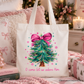 Glitter Christmas Tree Coquette Bow Tote Bag, O Come Let Us Adore Him Holiday Gift Shopper