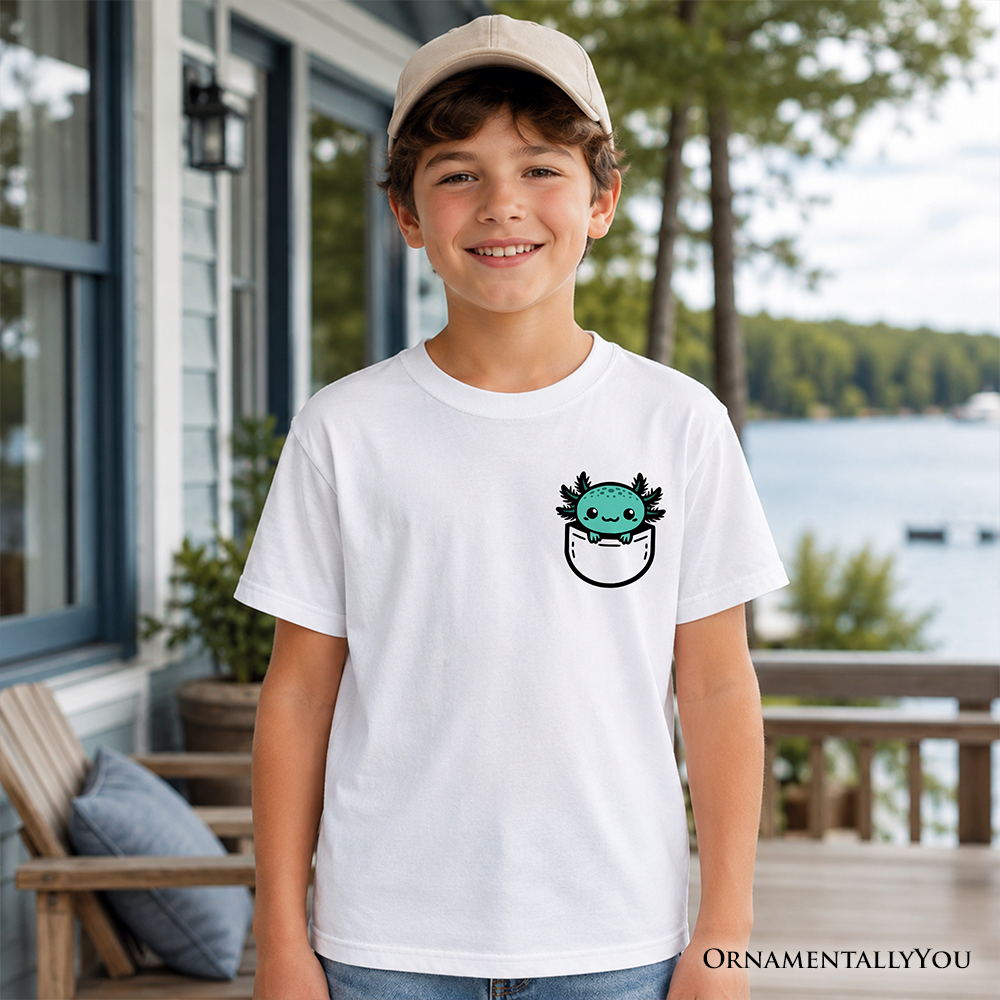 Kids Cute Pocket Blue Axolotl T-Shirt, Salamander Animal Tee for Youth