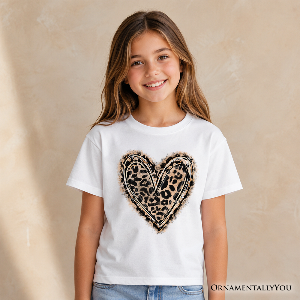 Kids Leopard Heart Valentine T-Shirt, Watercolor Love Tee for Youth