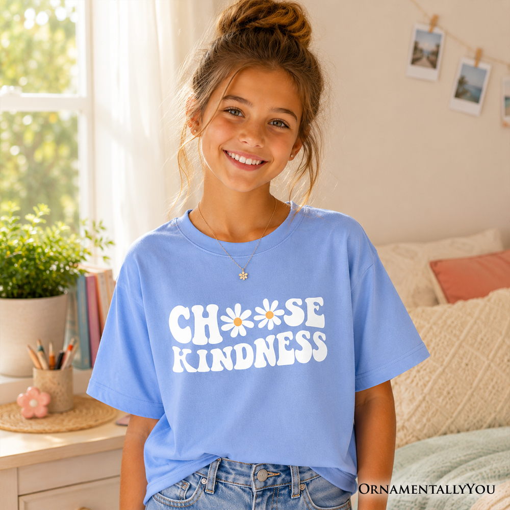 Choose Kindness Daisies Kids T-Shirt, Retro Groovy Positive Quote Tee for Youth