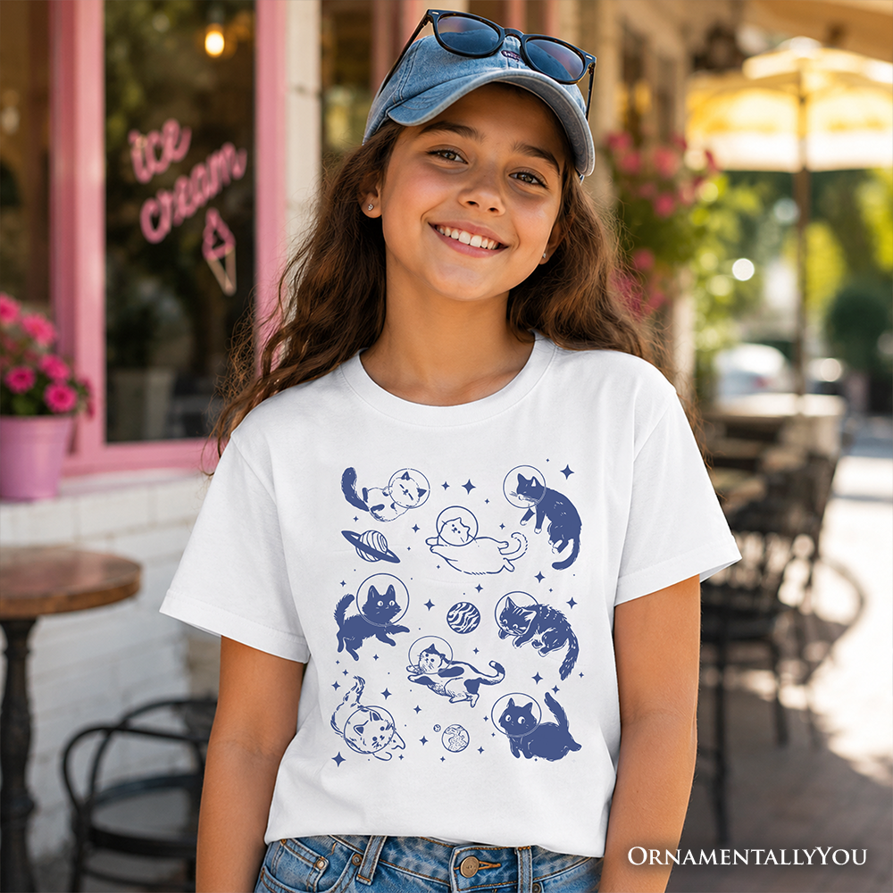 Kids Cats in Space Retro T-Shirt, Funny Astronaut Tee for Youth