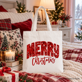 Merry Christmas Sequin Tote Bag, Bold Red Glitter Gift Shopper for Festive Holiday Season