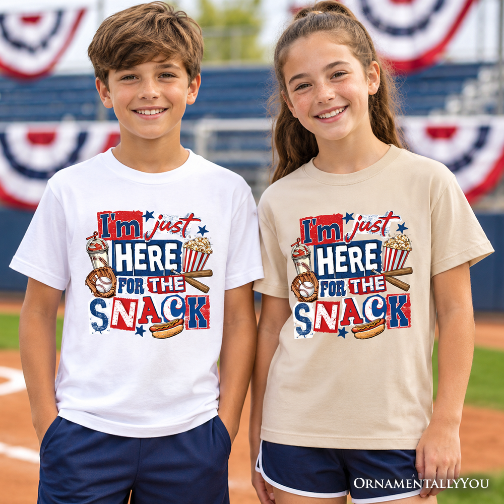 Baseball Snacks Kids T-Shirt, Here For The Food Graphic Tee for Youth Boys