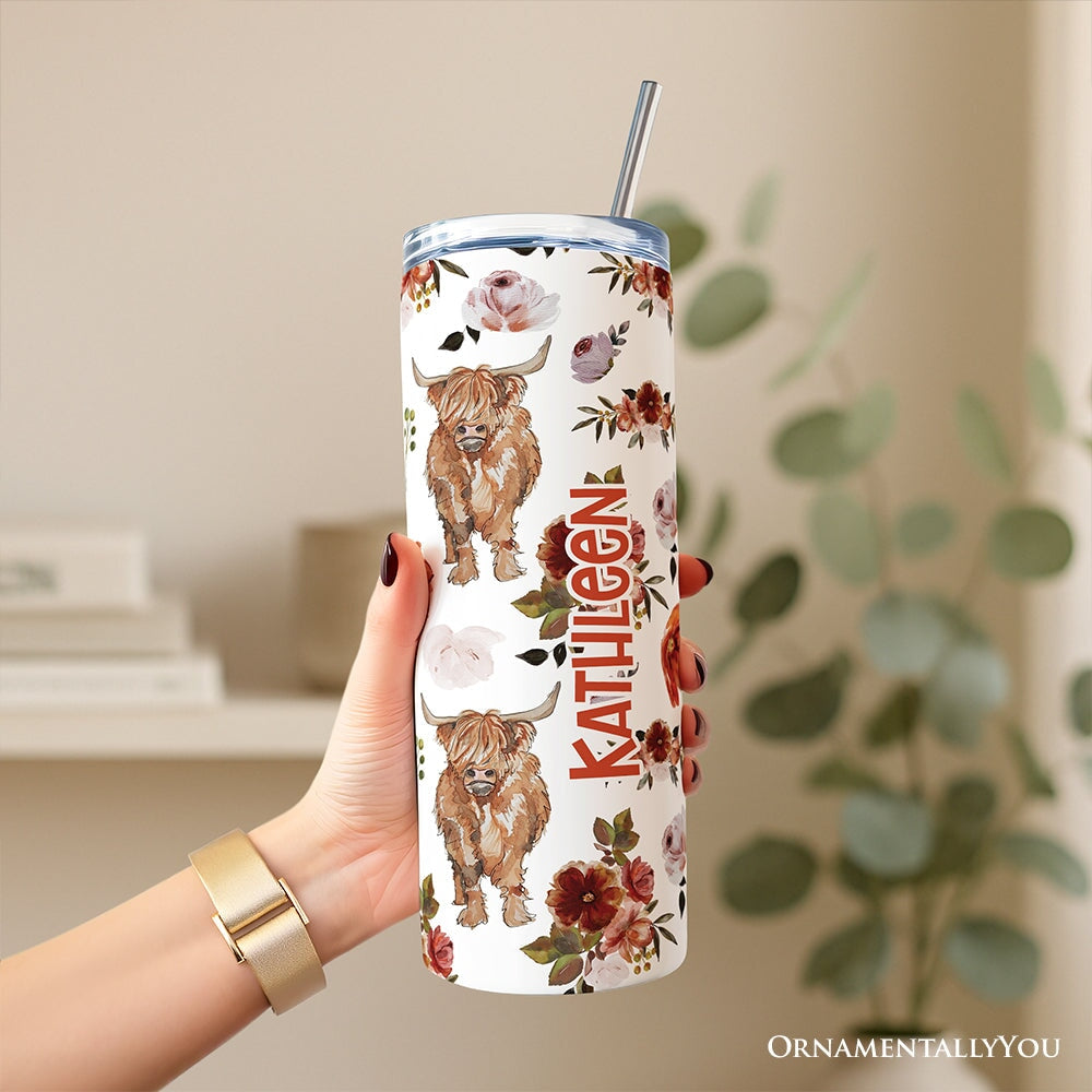 Highland Cow Floral 20oz Personalized Tumbler With Lid and Stainless Steel Straw, Chic Western Farmhouse Gift Cup