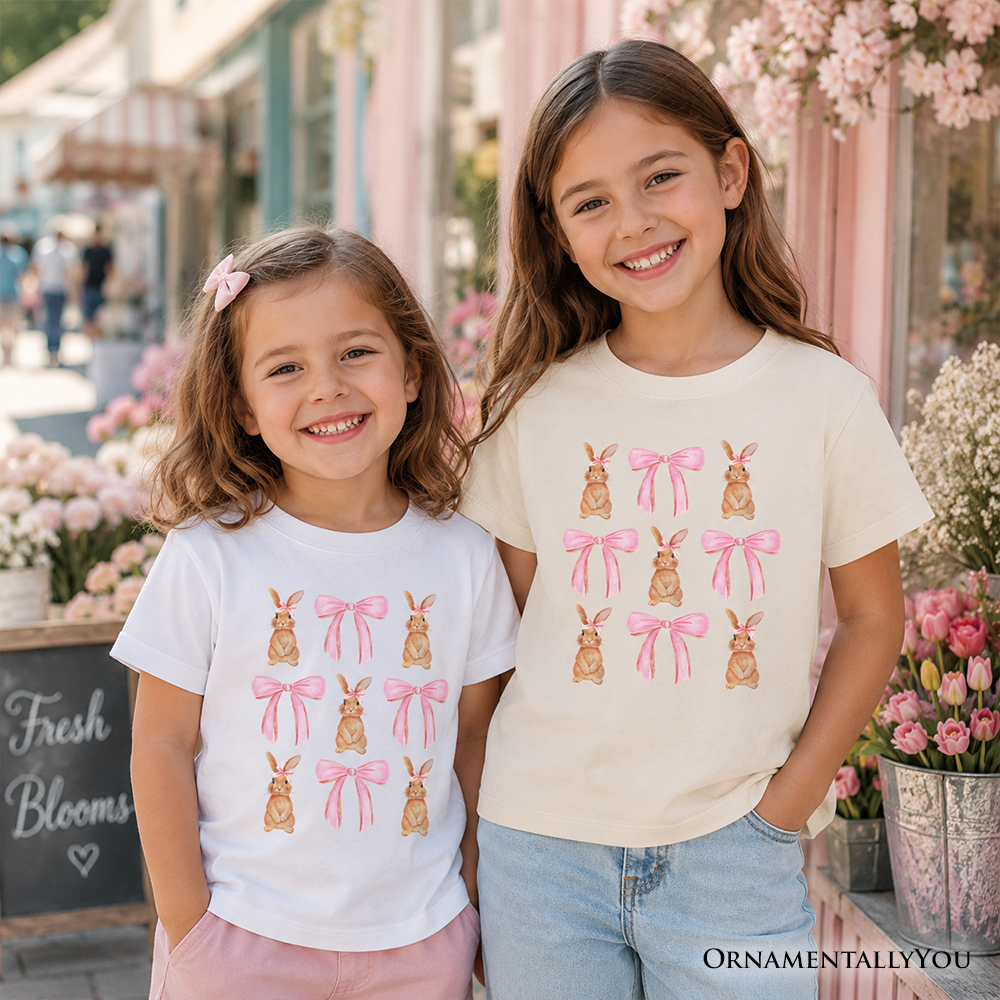 Kids Coquette Bunny Pink Bow Easter T-Shirt, Cute Girly Bunny Spring Tee for Youth