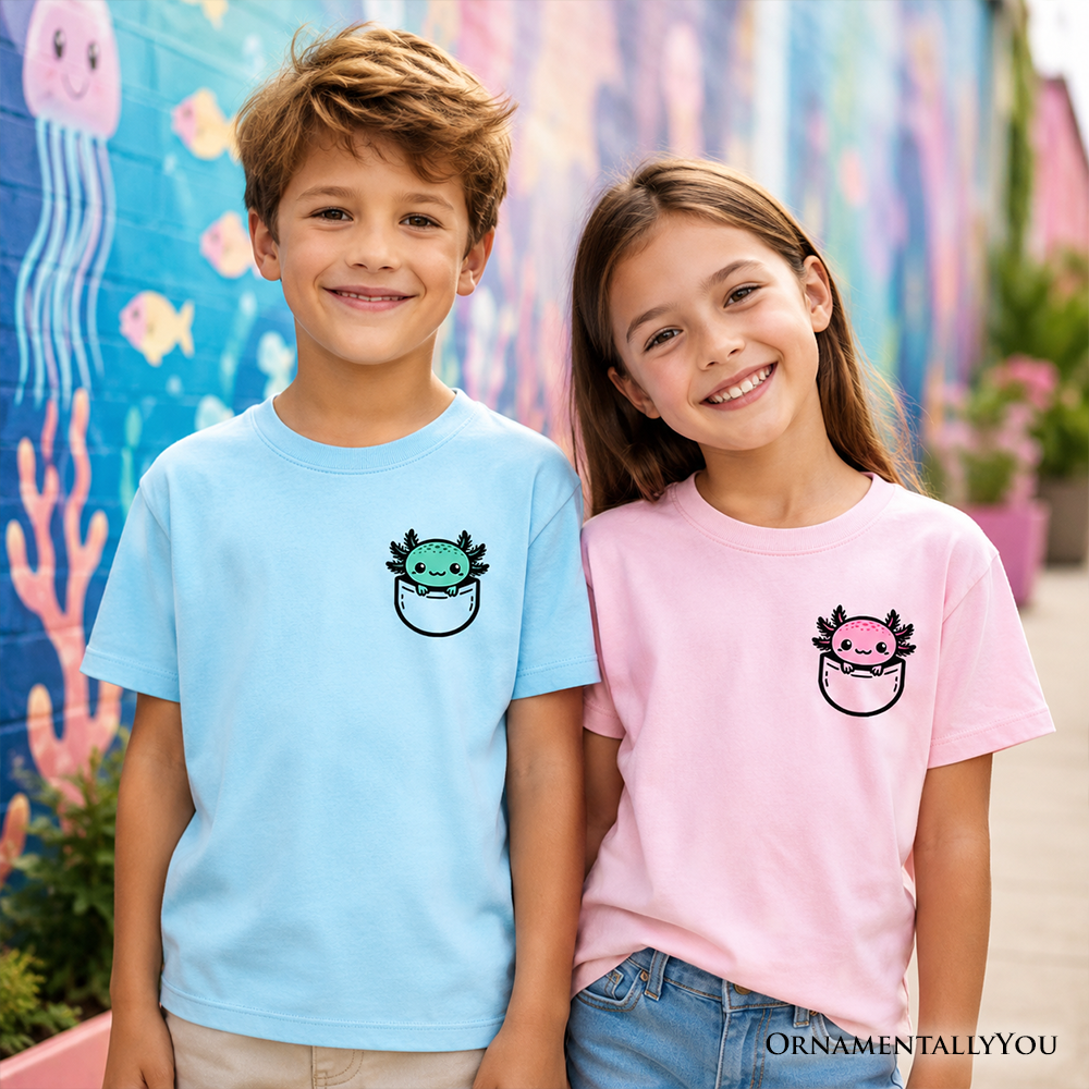 Kids Cute Pocket Blue Axolotl T-Shirt, Salamander Animal Tee for Youth