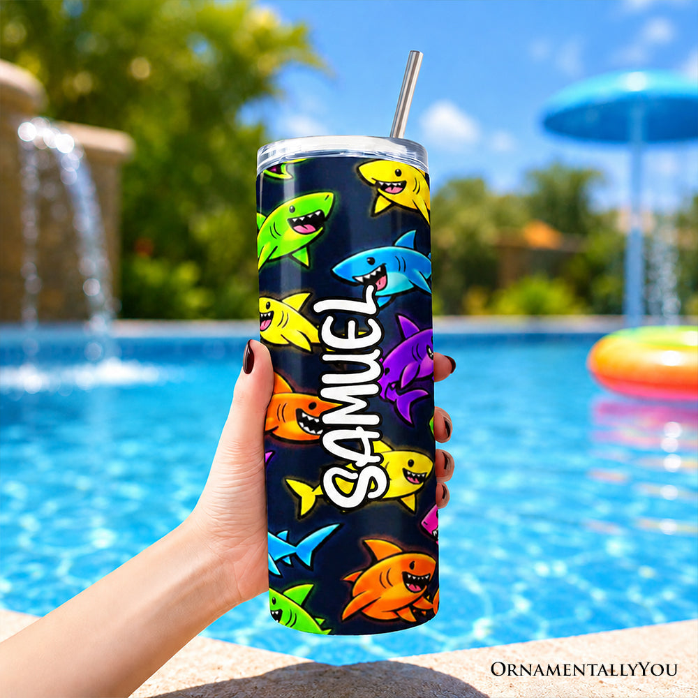 Neon Cartoon Shark Pattern 20oz Personalized Tumbler With Lid and Stainless Steel Straw, Kids Ocean Animal Gift Cup
