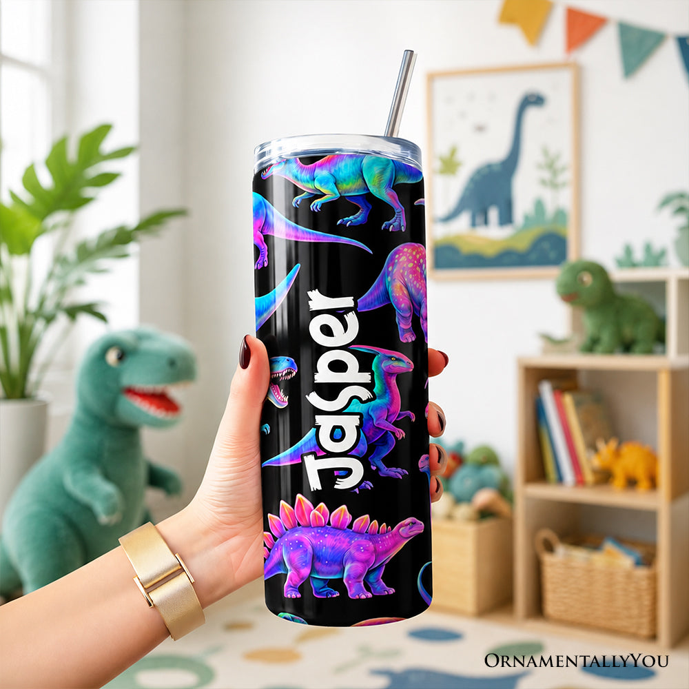 Neon Dinosaur Pattern 20oz Personalized Tumbler With Lid and Stainless Steel Straw, Colorful Prehistoric Gift Cup