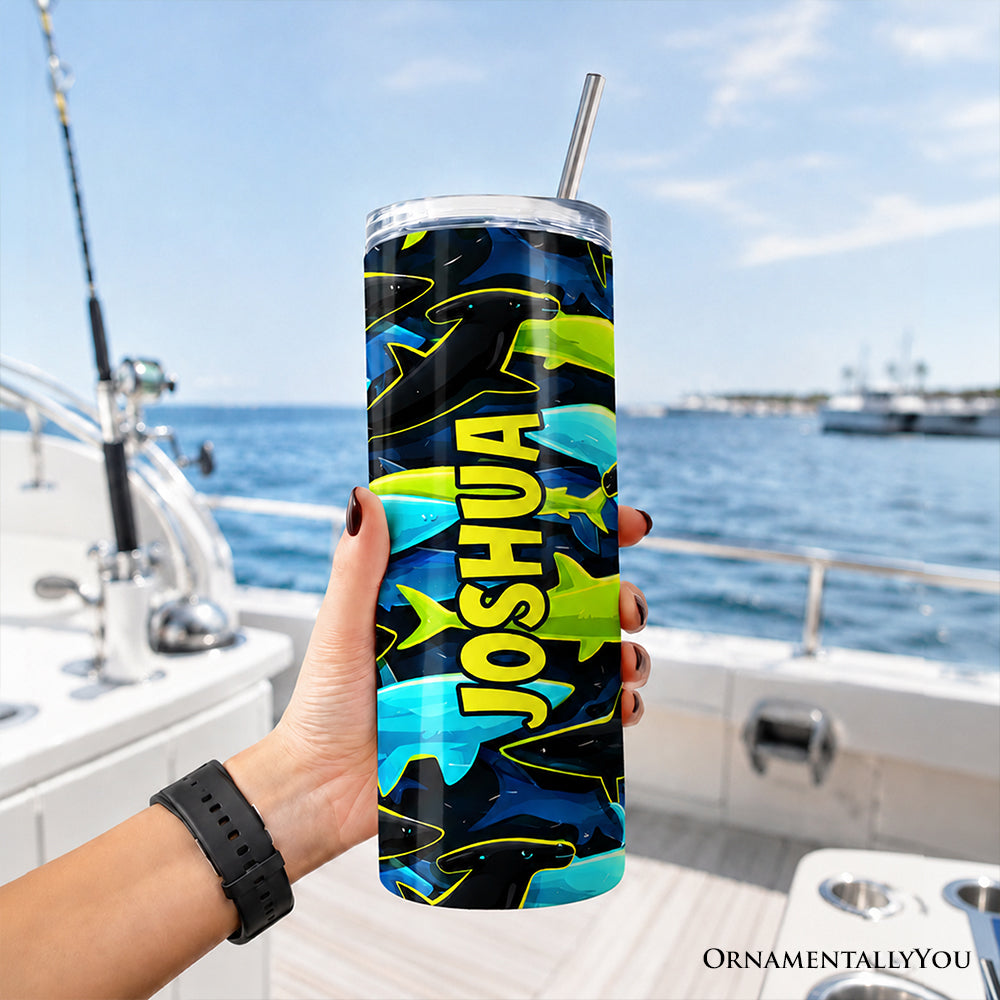 Neon Shark Camo 20oz Personalized Tumbler With Lid and Stainless Steel Straw, Marine Animal Pattern Gift Cup