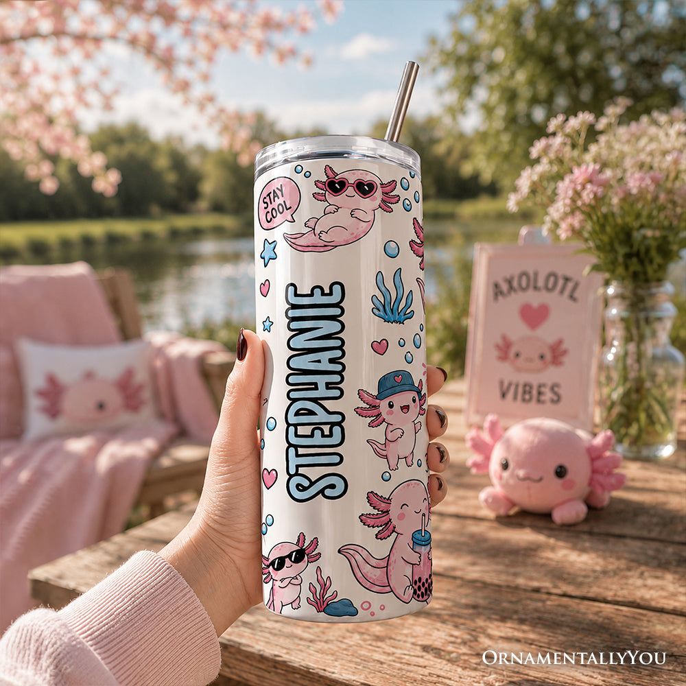 Pink Axolotl Vibe 20oz Personalized Tumbler With Lid and Stainless Steel Straw, Sea Animal Pattern Gift Cup