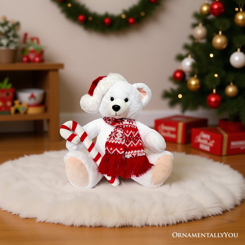 Snowy the Polar Bear Plushie, Cute Kids’ 12" Christmas Stuffed Toy, Santa Hat and Candy Cane