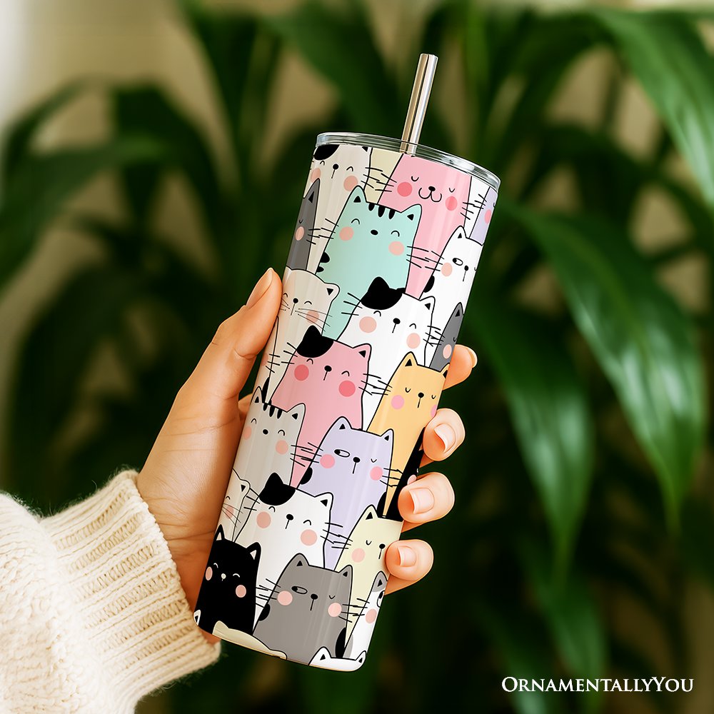 Cute Cats 20oz Personalized Tumbler With Lid and Stainless Steel Straw, Cozy Cat Owner Travel Mug Gift