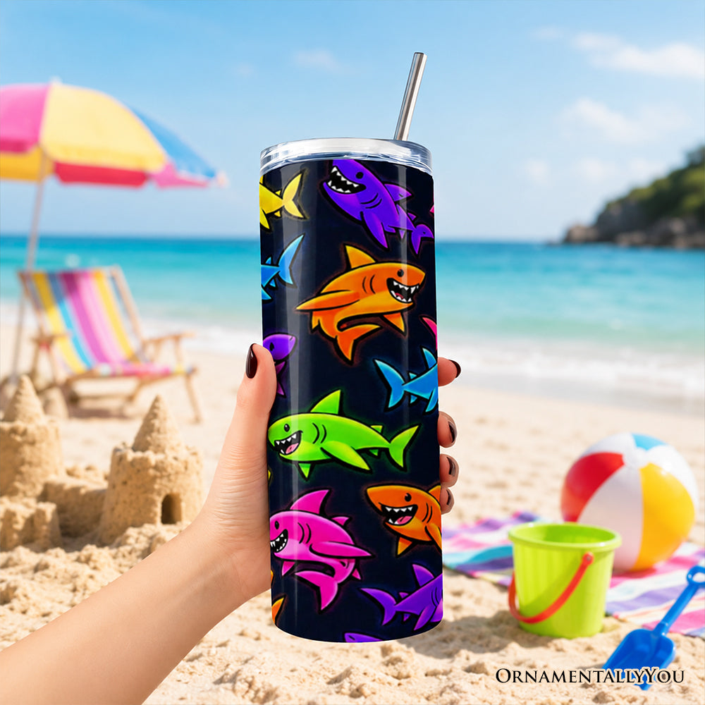 Neon Cartoon Shark Pattern 20oz Personalized Tumbler With Lid and Stainless Steel Straw, Kids Ocean Animal Gift Cup