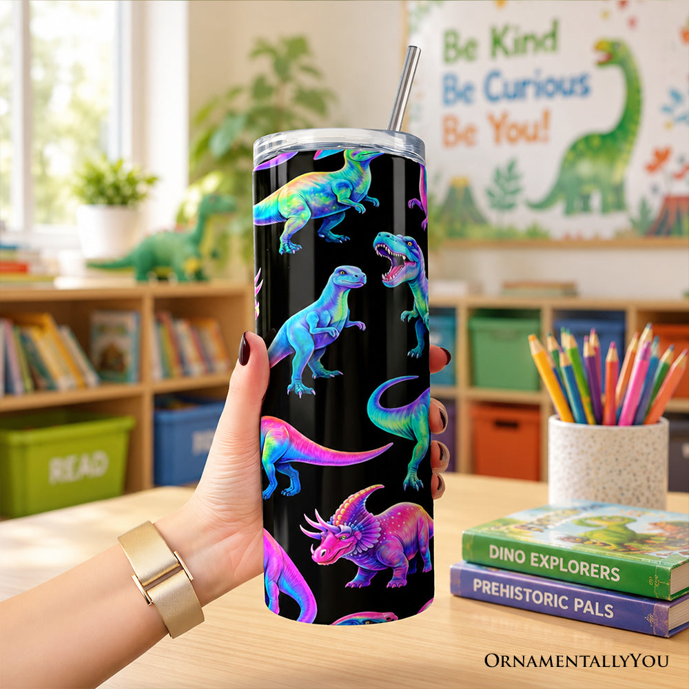 Neon Dinosaur Pattern 20oz Personalized Tumbler With Lid and Stainless Steel Straw, Colorful Prehistoric Gift Cup