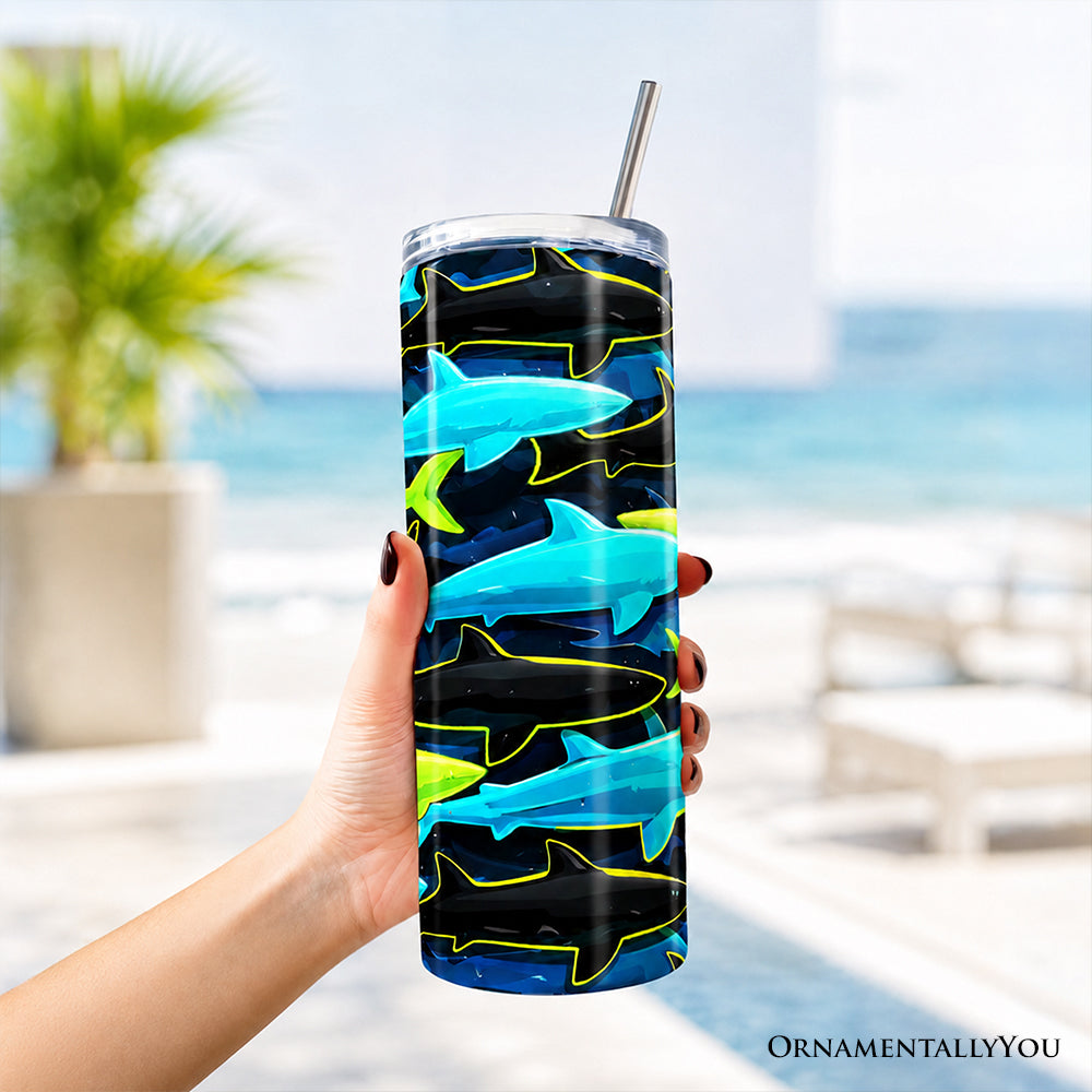 Neon Shark Camo 20oz Personalized Tumbler With Lid and Stainless Steel Straw, Marine Animal Pattern Gift Cup