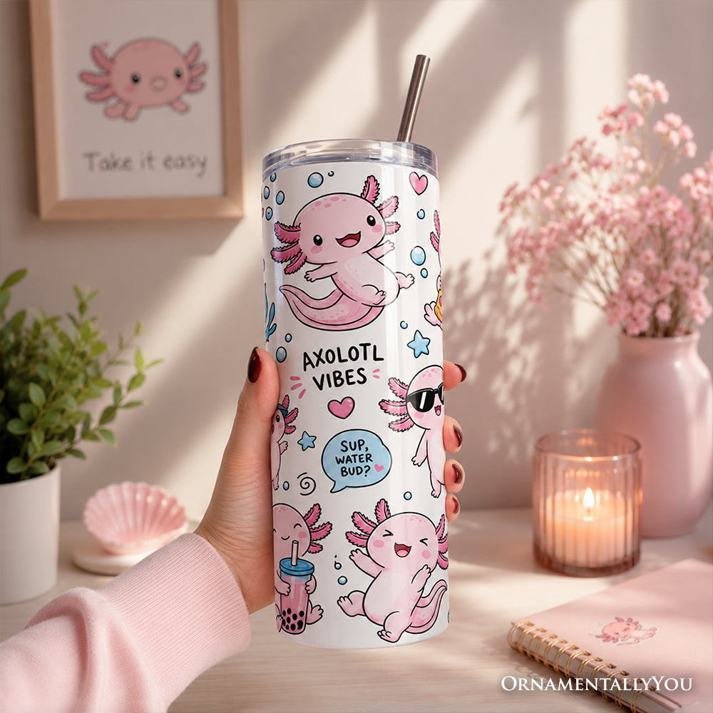 Pink Axolotl Vibe 20oz Personalized Tumbler With Lid and Stainless Steel Straw, Sea Animal Pattern Gift Cup