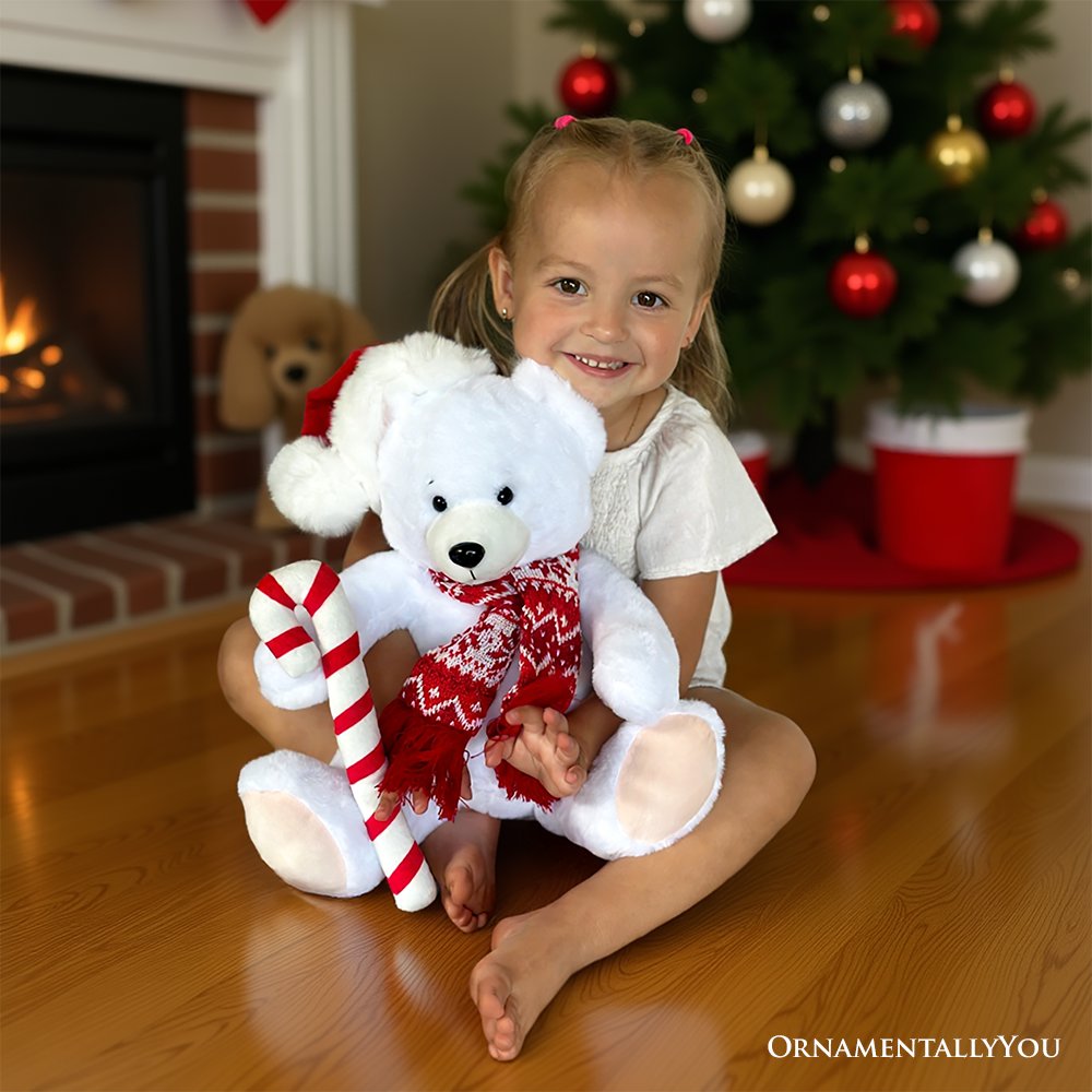 Snowy the Polar Bear Plushie, Cute Kids’ 12" Christmas Stuffed Toy, Santa Hat and Candy Cane