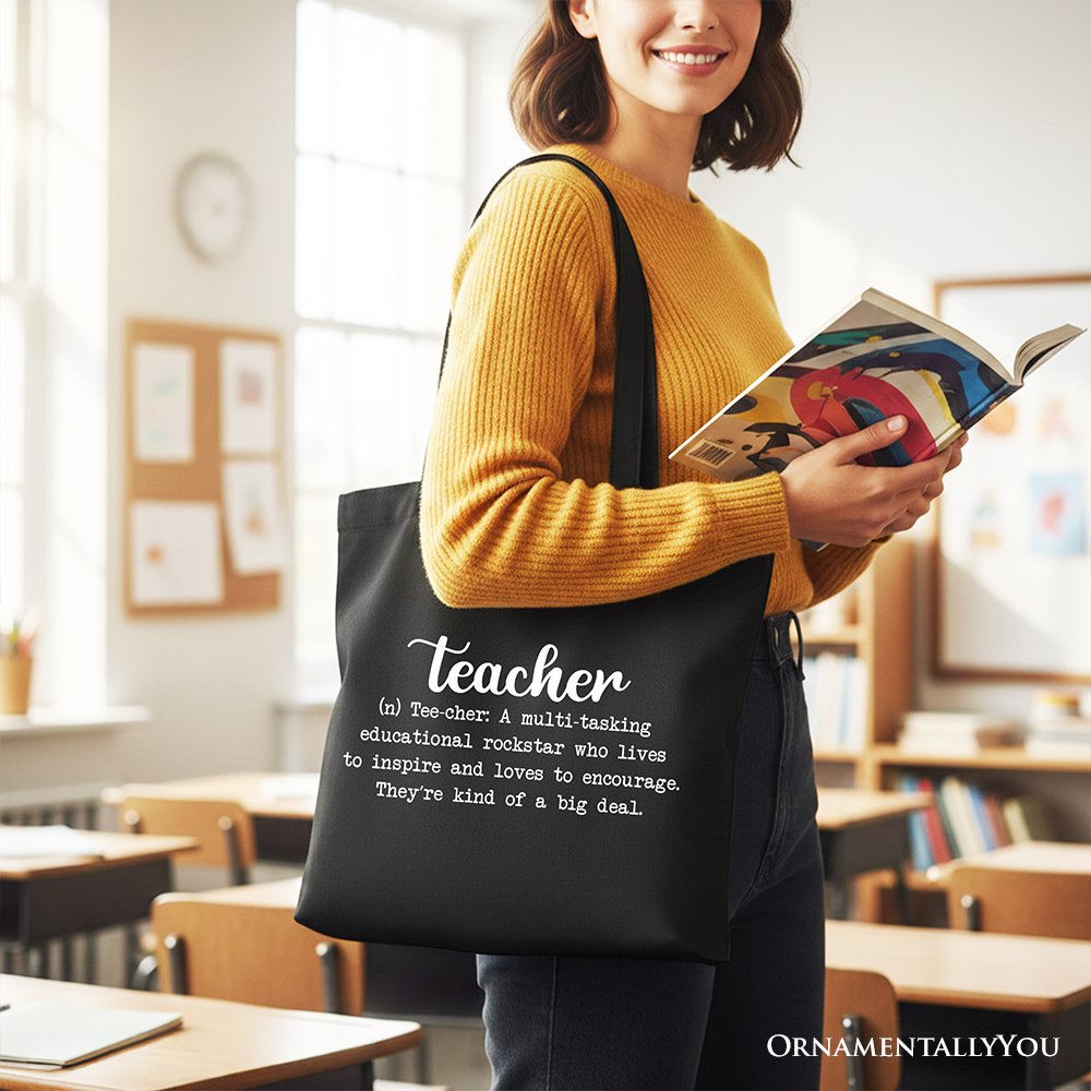 Teacher Definition Canvas Tote Bag, Inspirational Quote Gift Shopper for Educators