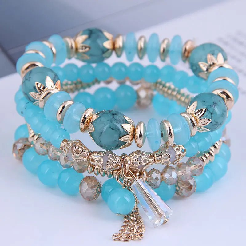 DIEZI Korean Trendy Multicolor Green Crystal Beads Rope Bracelets Women Girls Elastic Tassel Wrap Bracelet Pulseira Feminina