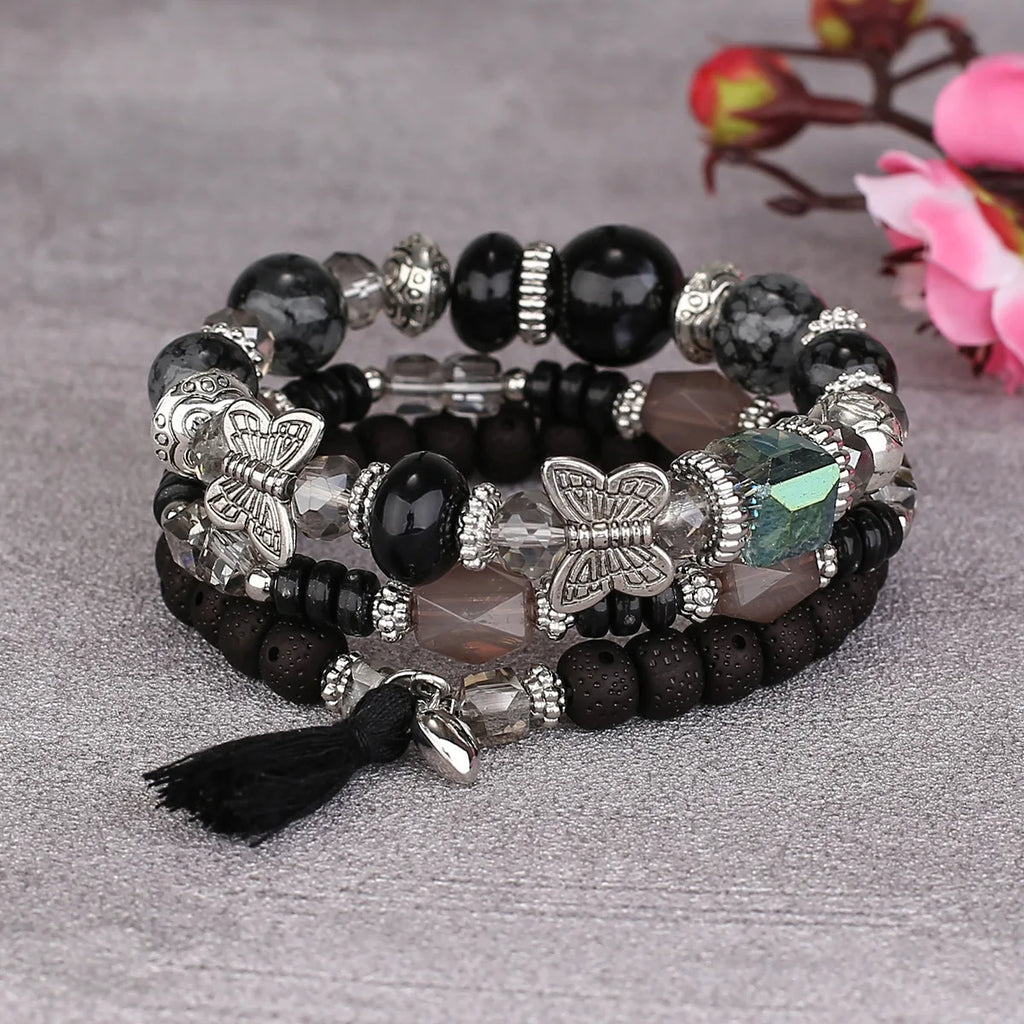 3pcs Boho Bohemian Pink Butterfly Pendant Charm Beads Bracelets Set For Women Stone Wristband Bracelet Bangles Pulseras Feminina