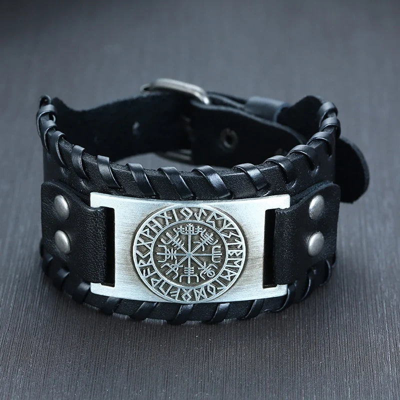 Vnox Wide Leather Wristband for Men Stylish Genuine Leather Bangle with Metal Charm Bracelets Punk Male Pulseira