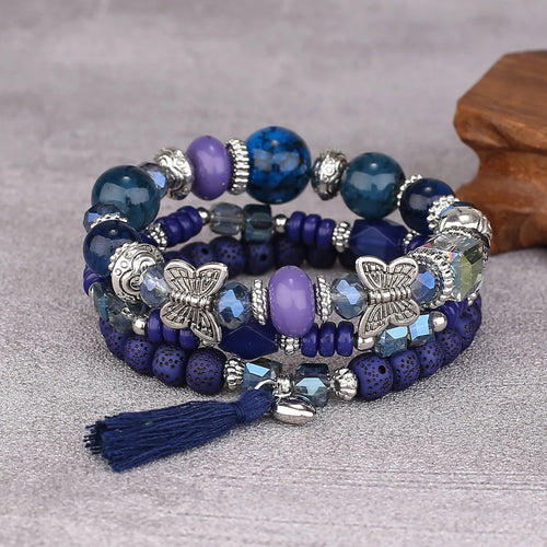 3pcs Boho Bohemian Pink Butterfly Pendant Charm Beads Bracelets Set For Women Stone Wristband Bracelet Bangles Pulseras Feminina