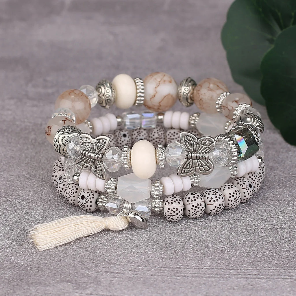 3pcs Boho Bohemian Pink Butterfly Pendant Charm Beads Bracelets Set For Women Stone Wristband Bracelet Bangles Pulseras Feminina