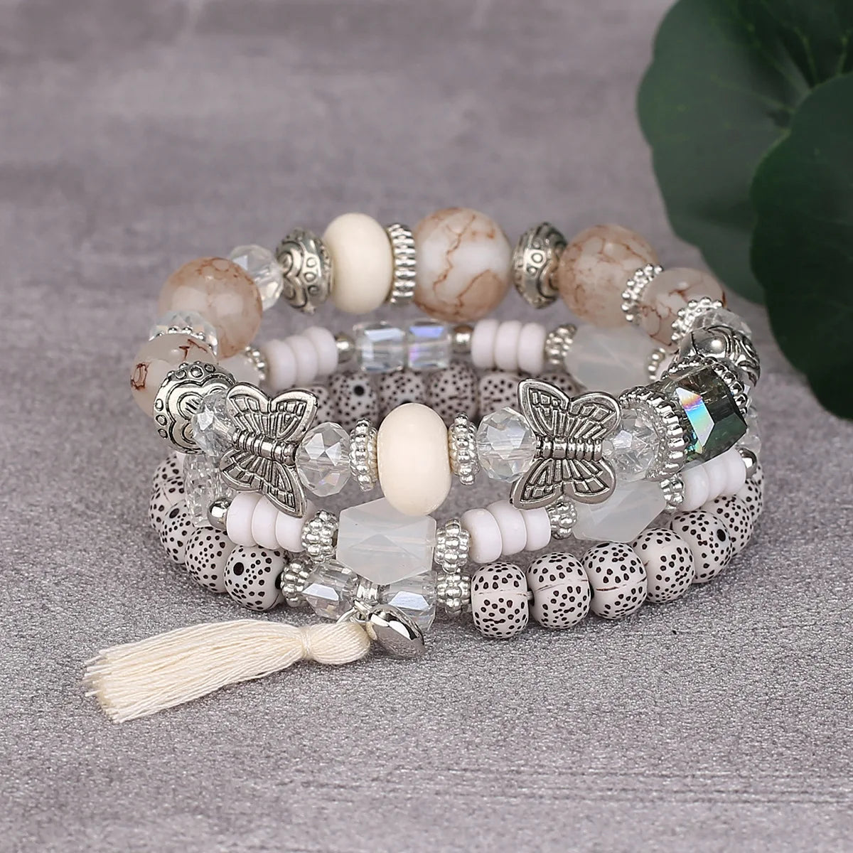 3pcs Boho Bohemian Pink Butterfly Pendant Charm Beads Bracelets Set For Women Stone Wristband Bracelet Bangles Pulseras Feminina