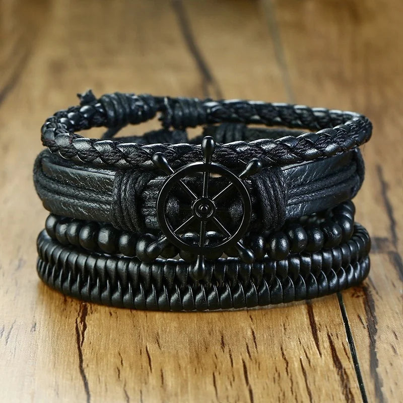 Vnox Mix 4Pcs/ Set Braided Wrap Leather Bracelets for Men Women