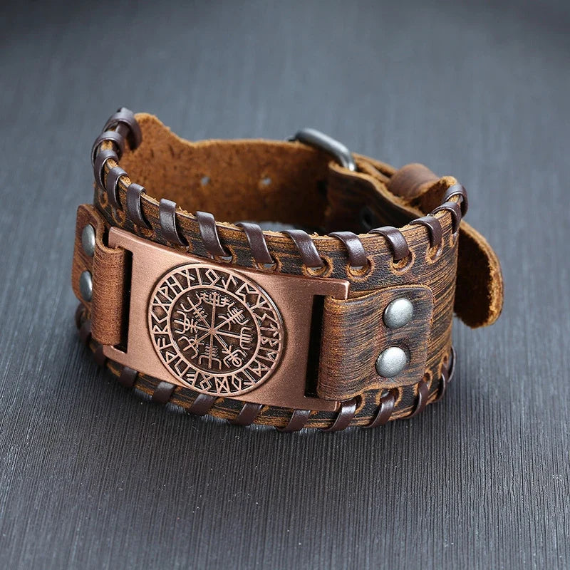 Vnox Wide Leather Wristband for Men Stylish Genuine Leather Bangle with Metal Charm Bracelets Punk Male Pulseira