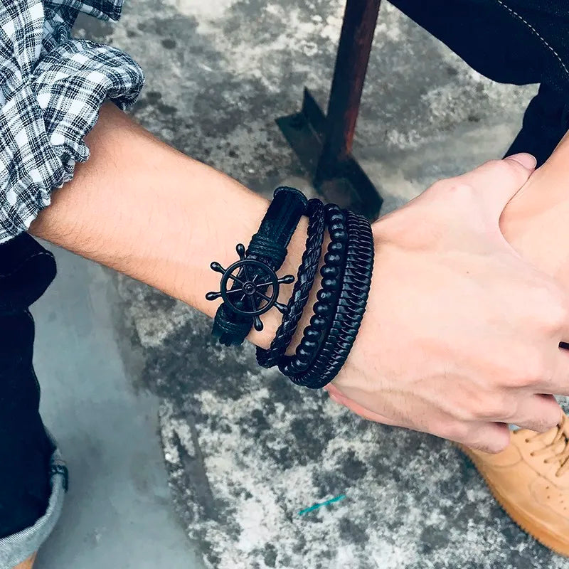 Vnox Mix 4Pcs/ Set Braided Wrap Leather Bracelets for Men Women