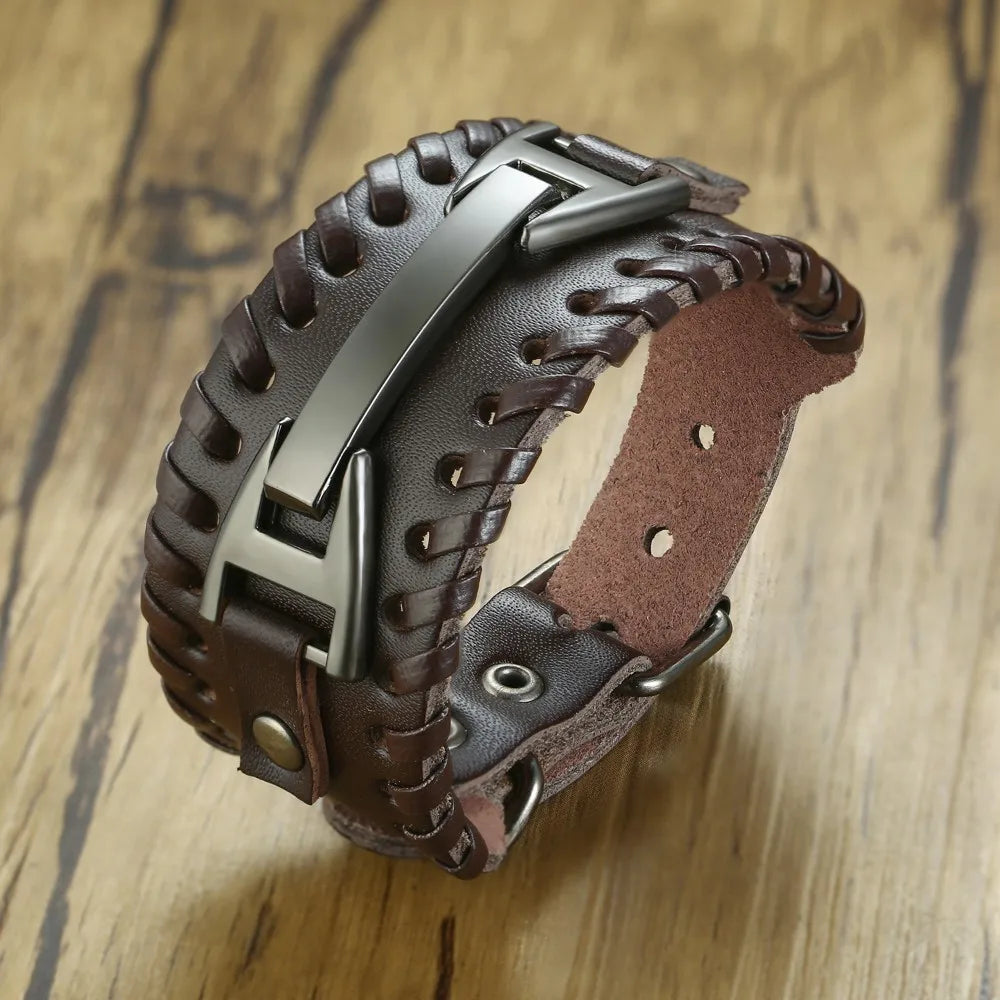 Vnox Wide Leather Wristband for Men Stylish Genuine Leather Bangle with Metal Charm Bracelets Punk Male Pulseira