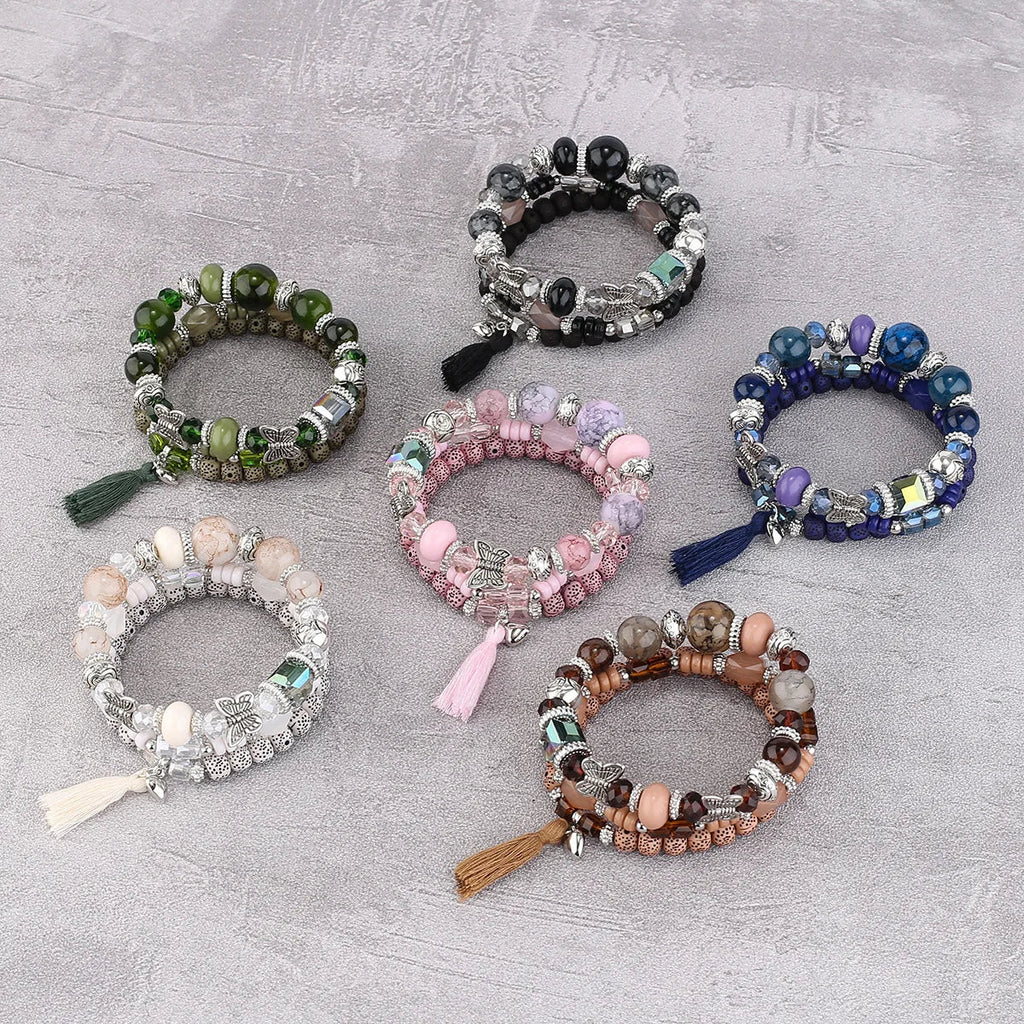 3pcs Boho Bohemian Pink Butterfly Pendant Charm Beads Bracelets Set For Women Stone Wristband Bracelet Bangles Pulseras Feminina