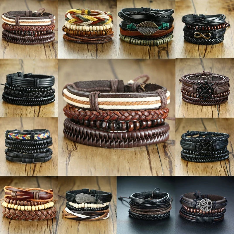 Vnox Mix 4Pcs/ Set Braided Wrap Leather Bracelets for Men Women