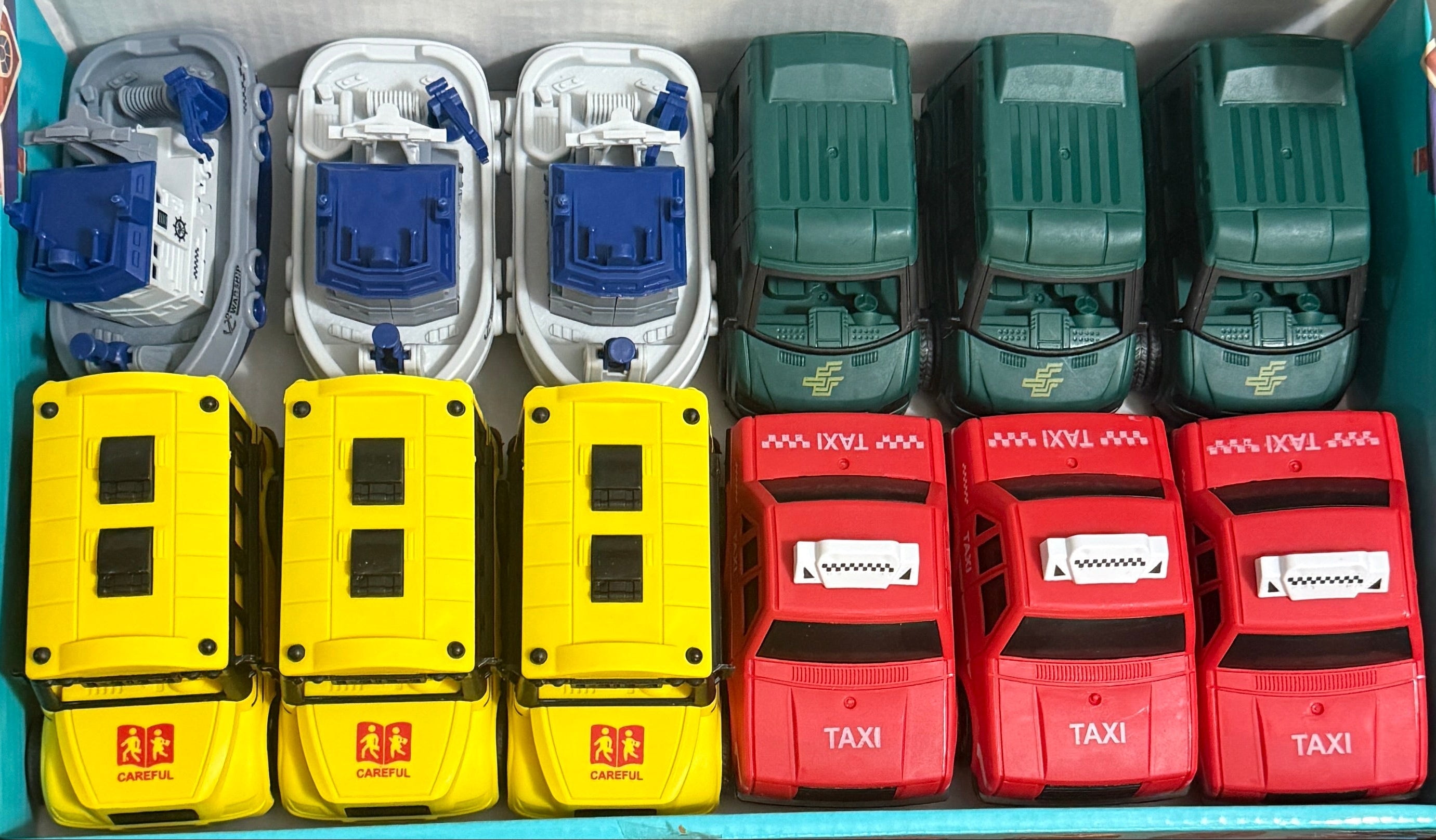 PULL BACK TRACTION TRAFFIC TEAM TOYS - TAXI, BUS, BOAT, AND MAIL DELIVERY