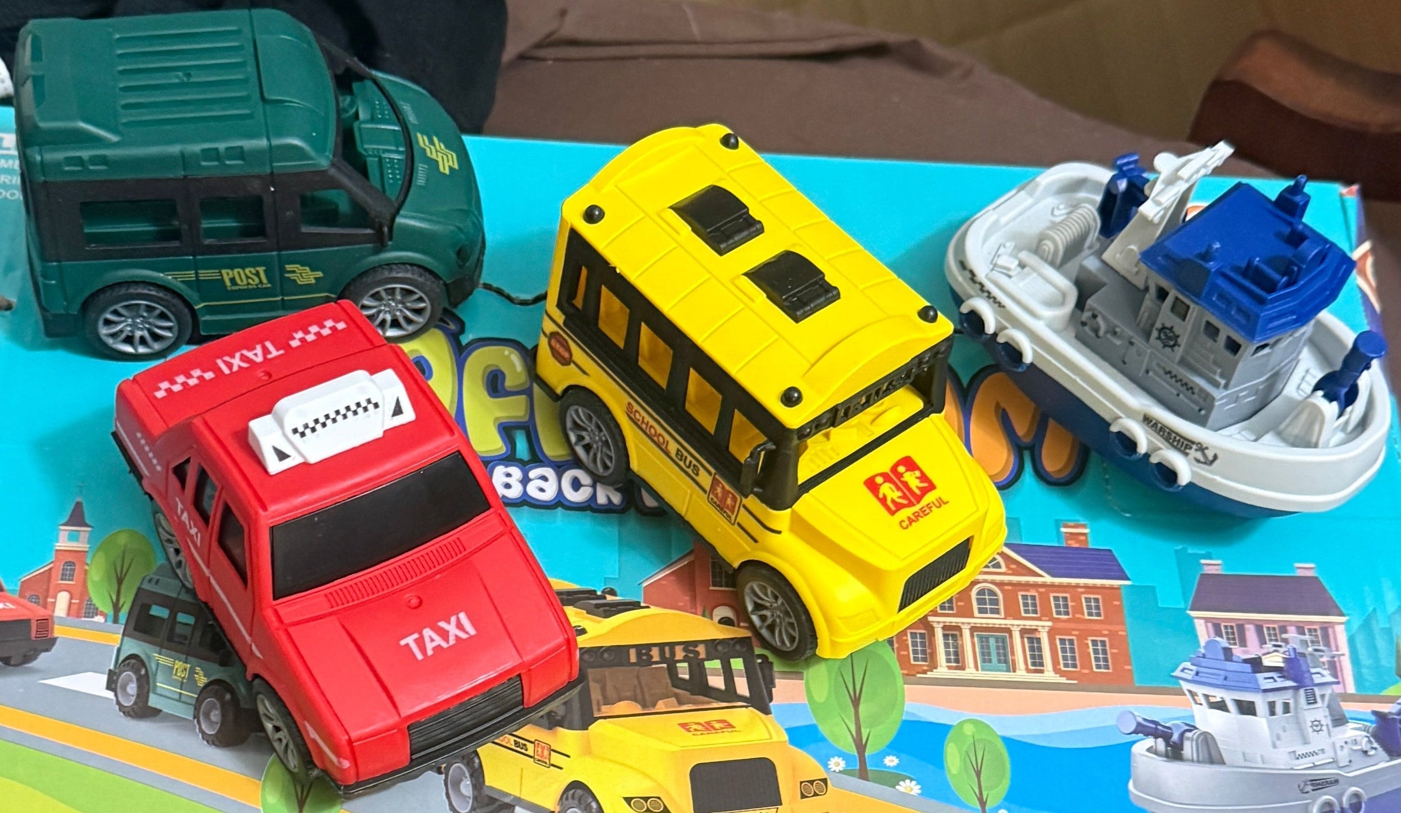 PULL BACK TRACTION TRAFFIC TEAM TOYS - TAXI, BUS, BOAT, AND MAIL DELIVERY