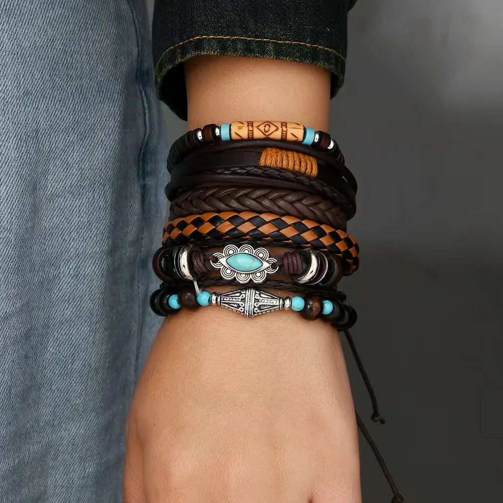 Vintage Feather Casual 6 Pc/set Tree Handmade Men Bracelets Male Women Leather Bracelets Men Bangle Wholesale Jewelry Gift
