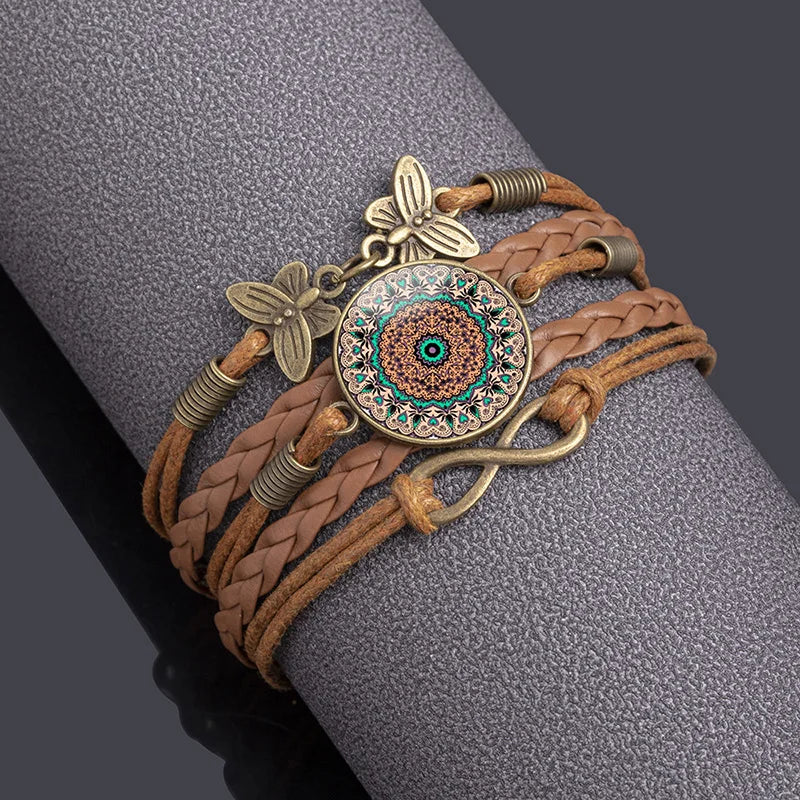 Vintage Mandala Flower Glass Dome Wrap Bracelet Brown Multilayer Woven Leather Bracelets For Women